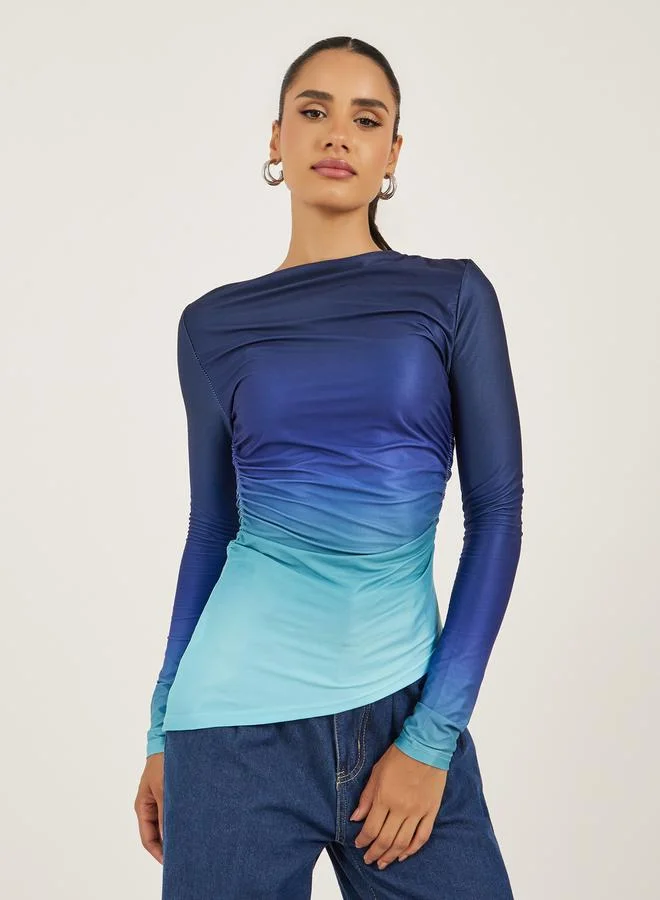 تايك تو تيشيرت بأكمام طويلة بتأثير أومبر وجوانب مزمومة من ستايلي